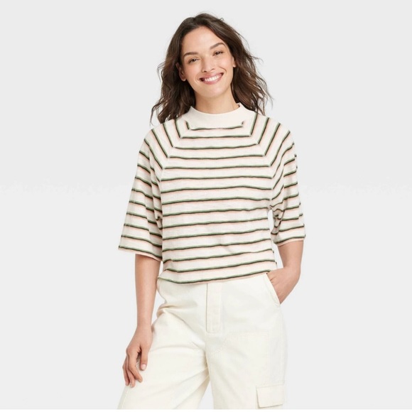 Universal Thread Tops - NWOT Universal Thread Boxy Elbow Sleeve Mock Neck Striped Sweater T-Shirt (XL)